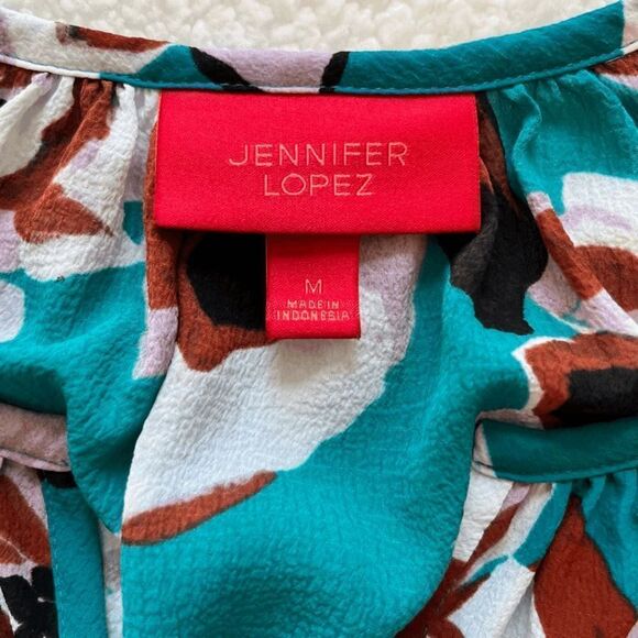 Jennifer Lopez Women's Turquoise Floral Bar Bell‎ Sleeve Peasant Top Sz M - Picture 6 of 9
